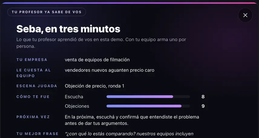 Resultado de un entrenamiento: puntaje por competencia, lo que salió bien y qué mejorar